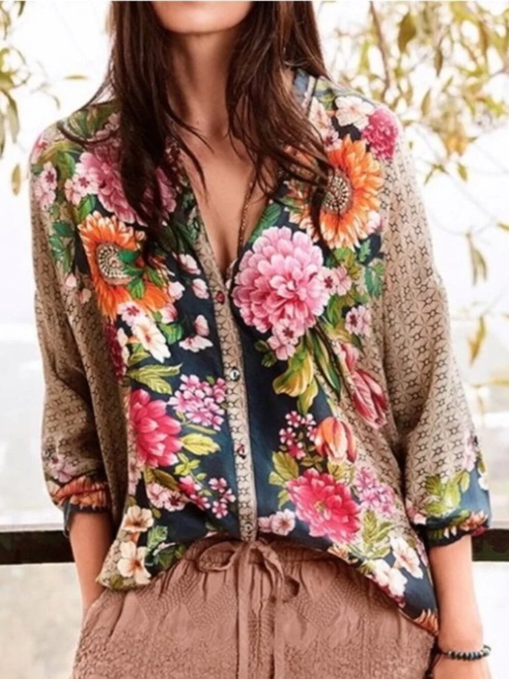 Johnny Was Jenna 100% Silk Floral Multicolor Blouse Women Size XL - Picture 1 of 12